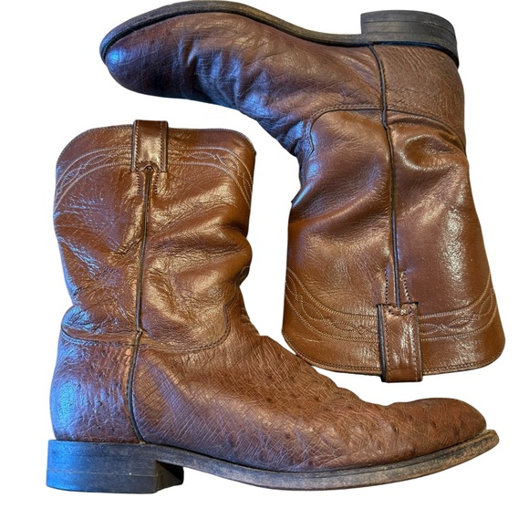 Vintage Justin Brown Ostrich Leather Men's 9.5D Roper Style Boots Made in USA - Picture 1 of 8
